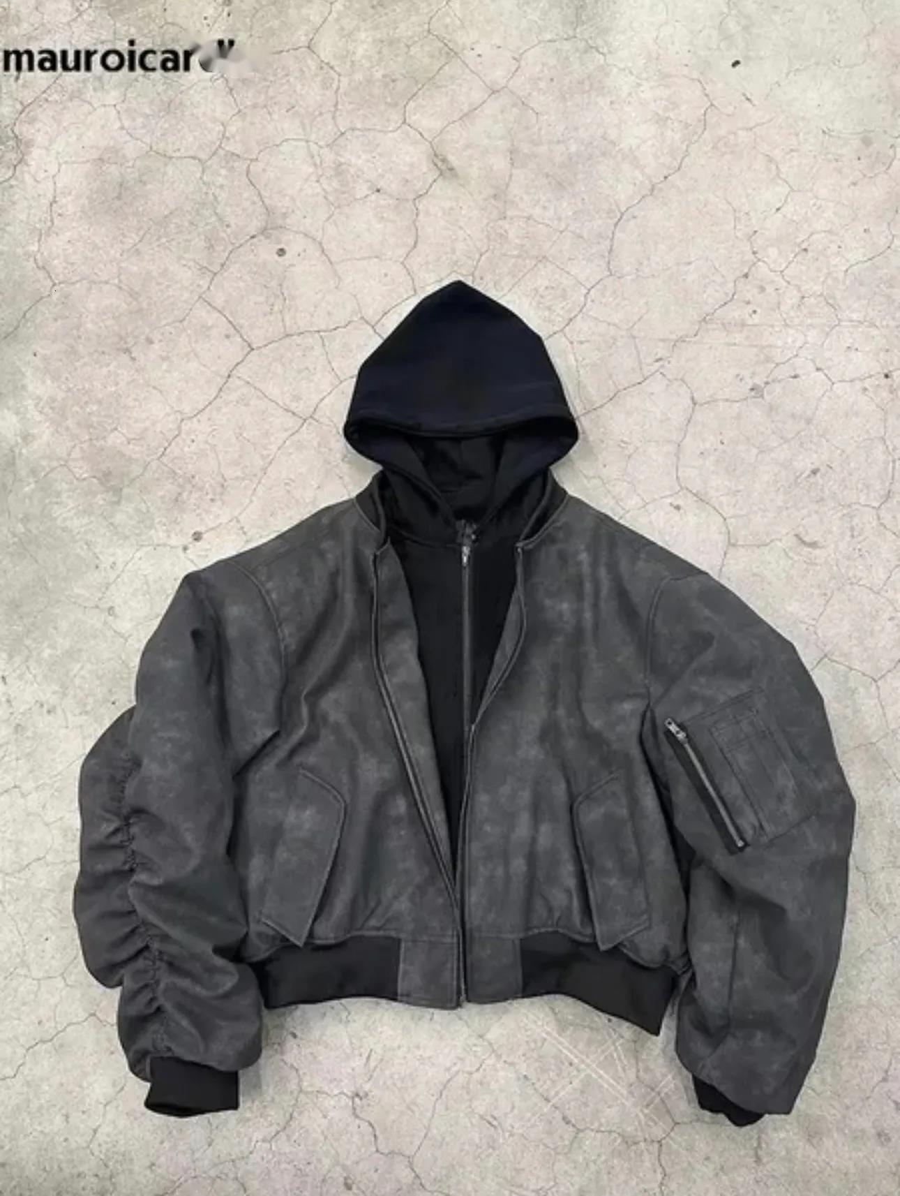 Mauroicardi Spring Oversized Vintage Black Faux Suede Leather Jacket Men Zipper Fake 2 Piece Designer Clothes Hoodie 2025