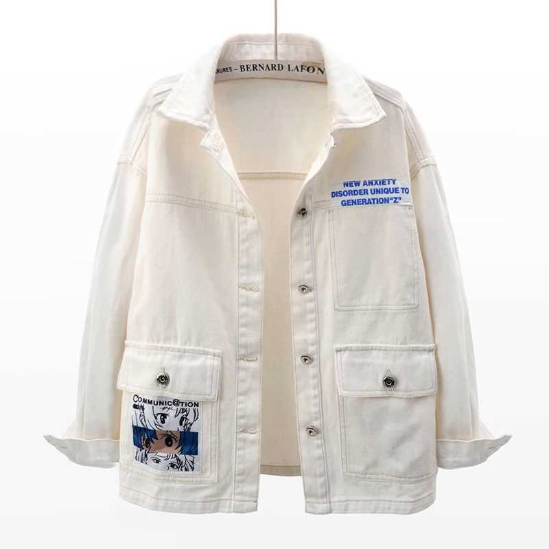 Fashion Beige Print Big Pocket Denim Jacket Women Loose Short Cowboy Outerwear Chaquetas Mujer Long Sleeve Jeans Jacket FemaleX240920