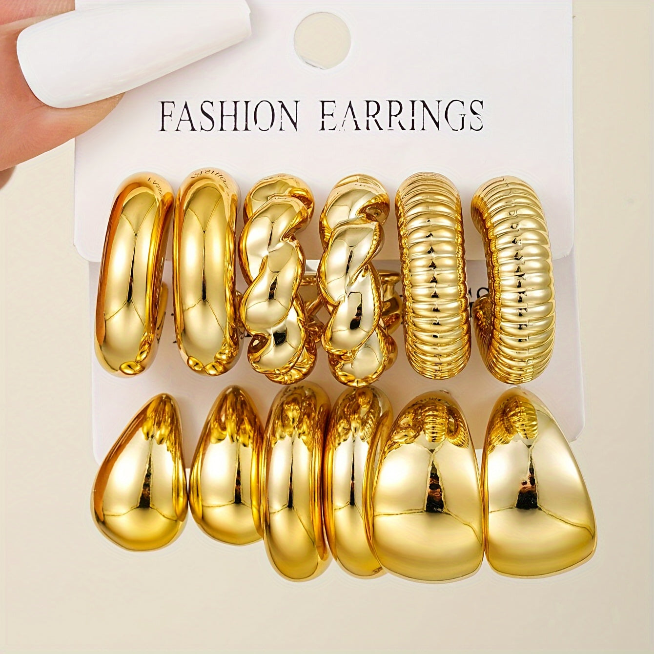 TEMU 12pcs Women' Earrings Set - Elegant Minimalist Twisted Hoops, Multi-style (wide) For Parties, Vacations & Casual Attire, Neutral Jewelry