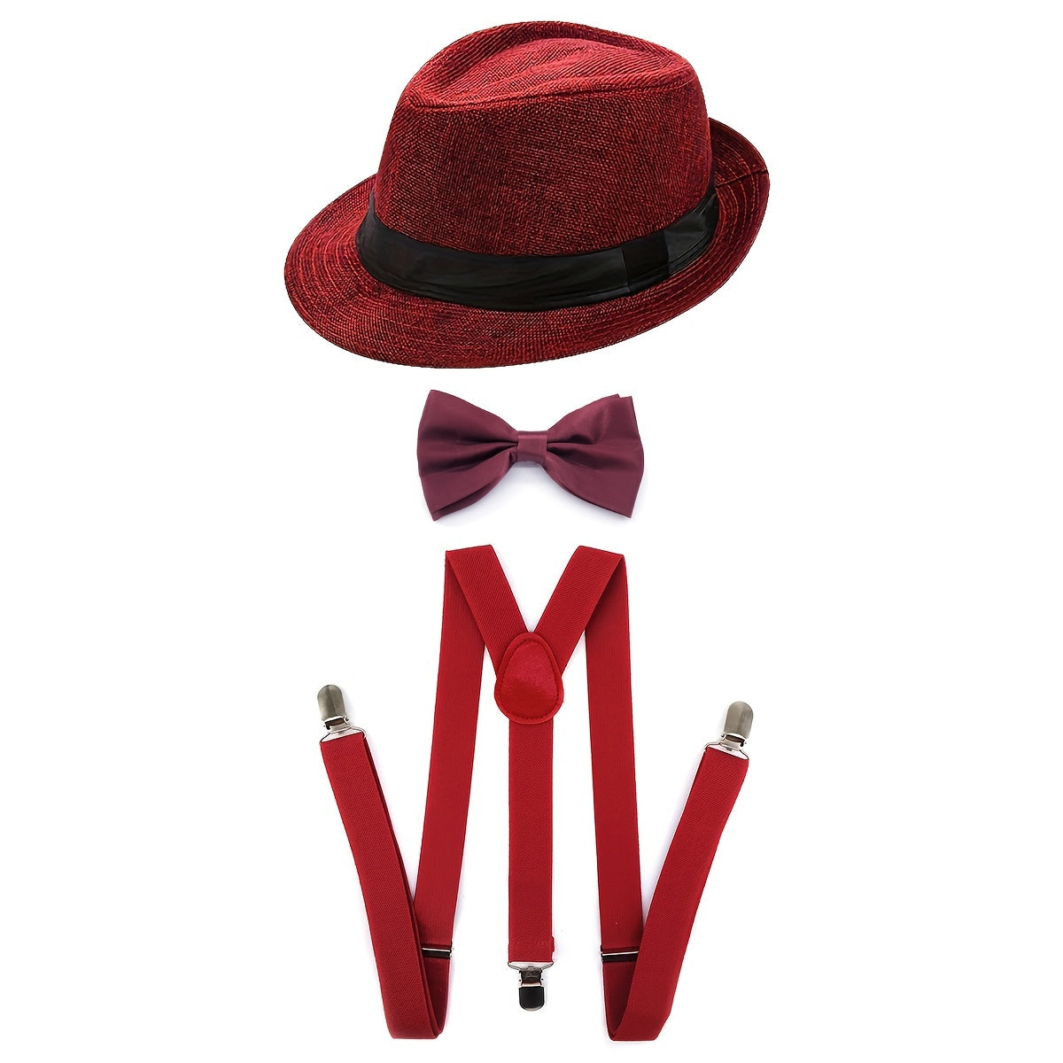 TEMU D 3pcs 1920s Mens Accessories Fedora Hat Costume Accessory Y-back Suspenders & Pre Tied Bow Tie,men's Roaring 20s Set Hat