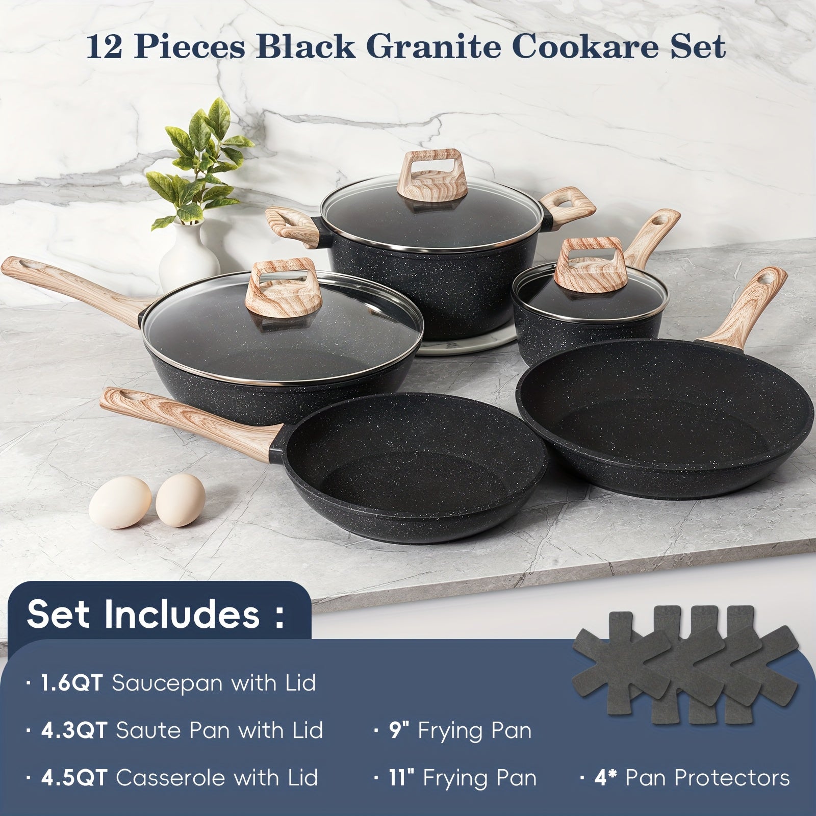 TEMU 12pcs Cookware Set, Granite Induction Cooker Cookware, Kitchen Cooking Set, Including Frying Pan Set, Stew Pot, Steamer, Kitchen Utensils