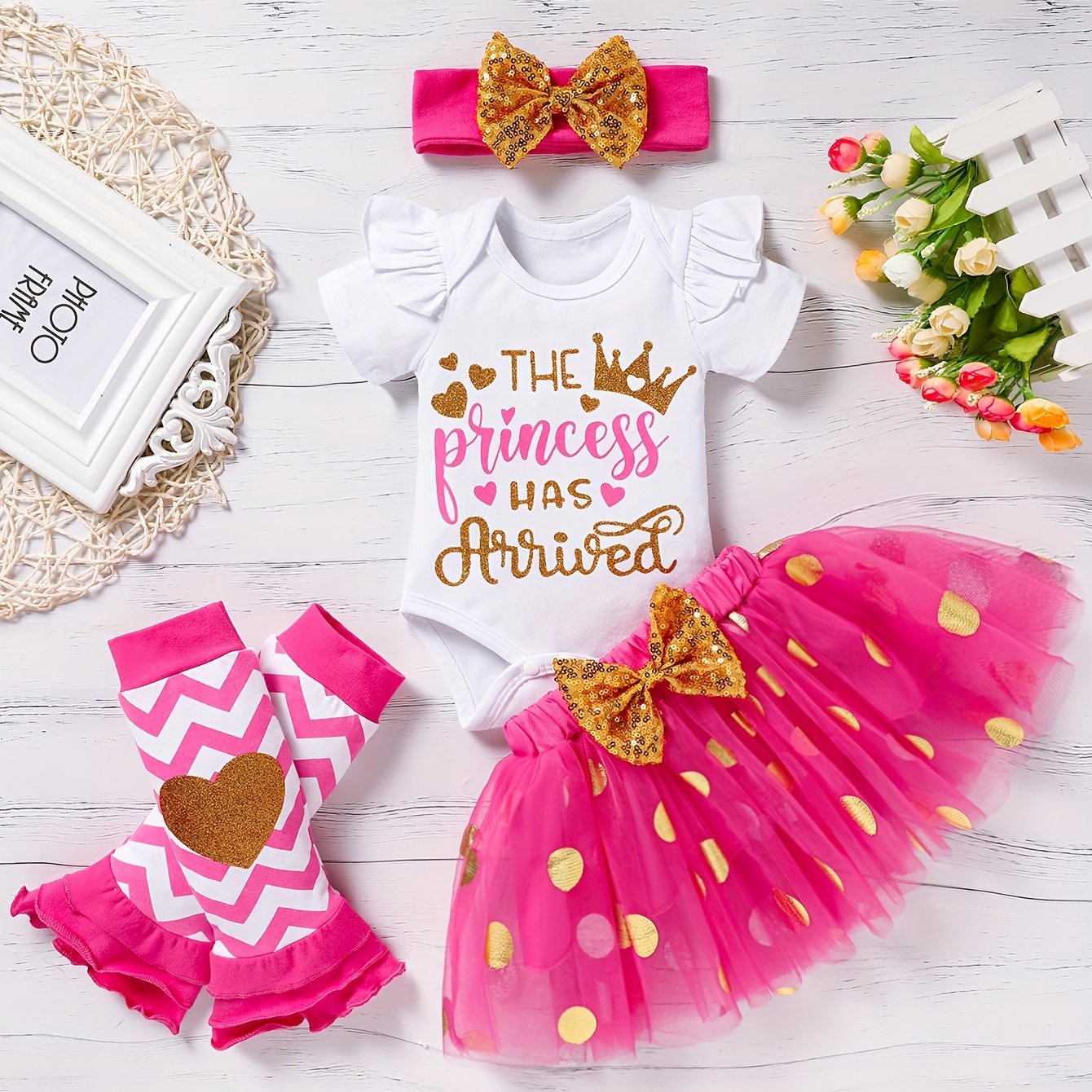 TEMU Zukuco Newborn Baby Girl Outfits Infant Letter Print Romper+tutu Skirt+headband+legging Warmer Clothes Set