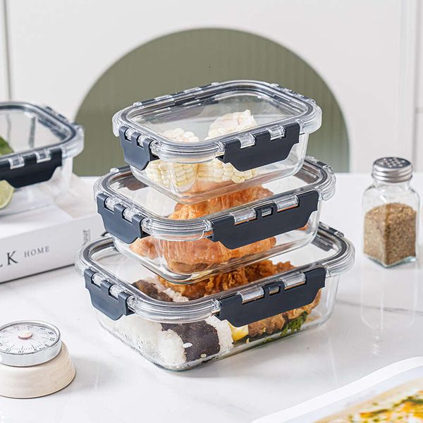 Glass Microwave-Safe Rectangular Bento Box with Lid for Office Workers and Household Use