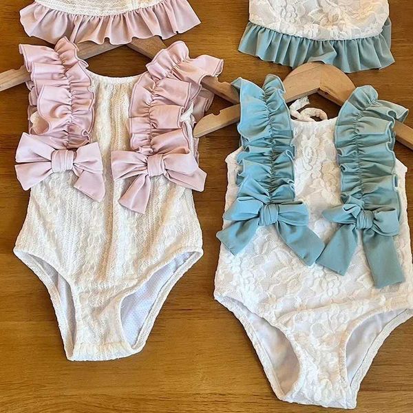 One-Pieces Baby Girls Ruffle Swimsuit 2025 New Summer Girl Bowknot Pricness One pieces Swimwear Sweet Kids Bikinis Set girl swimsuit W250210