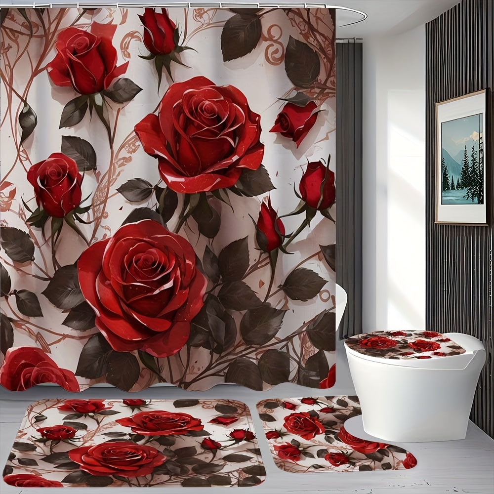 TEMU 1-4pcs Red Rose Pattern, Shower Curtain Set, With 12 Hook Shower Curtain, Non Slip Floor Mat, Toilet U-shaped Pad, Toilet Lid Pad, Bathroom Sets