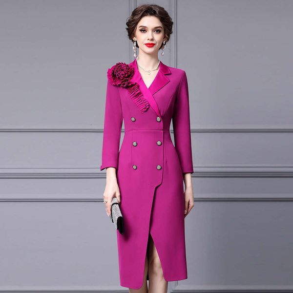 2024 Autumn Womens Three Dimensional Folding Flower Suit Collar Dress with Waist Cinching and Slimming Effect Slit Wrapped Hip Skirt Goddess