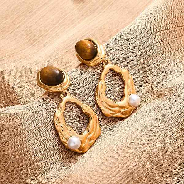 Boucles d'oreilles pendantes ovales en acier inoxydable 304 avec pierre œil de tigre