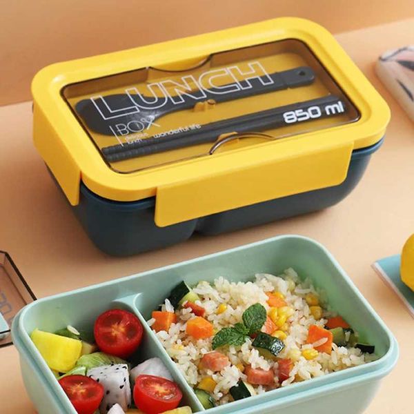 850ml Microwave Lunch Box With Spoon Chopsticks Dinnerware Food Storage Container Children School Office Microwave Bento BoxXJ240829