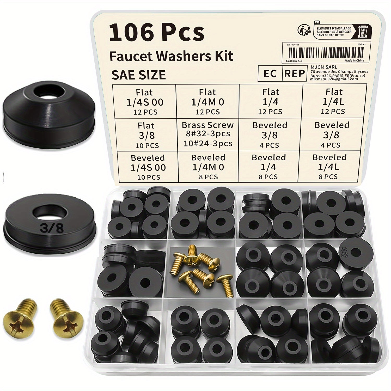 TEMU 106-piece Faucet Washer Kit - Round Section -rings 70a Durometer, Assorted Flat & Washers With Brass Screws For Quick Opening Faucet Stem Wear