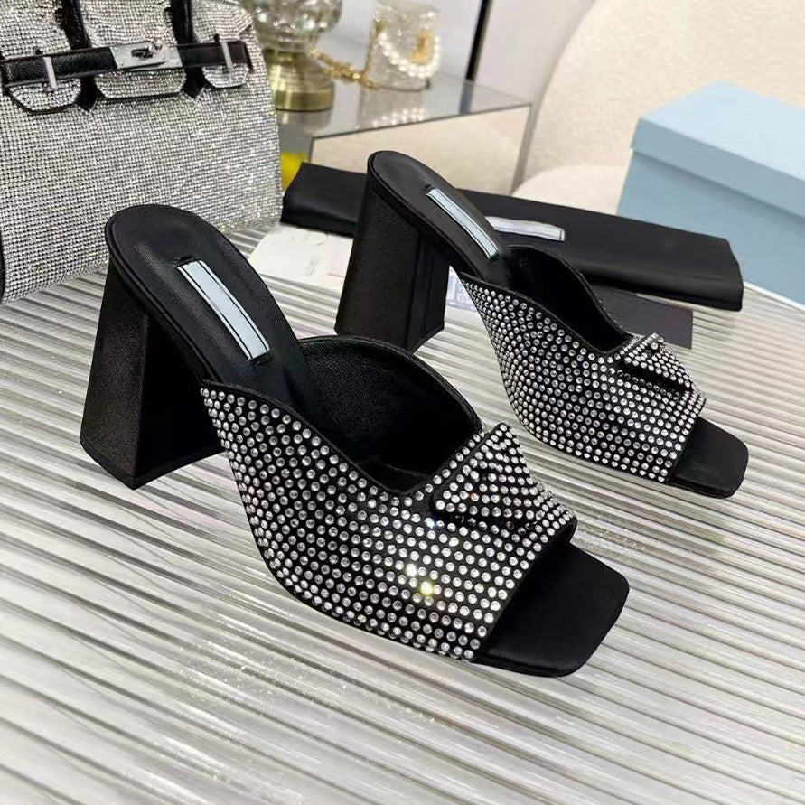 Classic triangle button Fashion Rhinestone thick heel slippers leather square toe Satin 8.5CMRhinestone Candy Color Sandal Big Size Party Wedding Se