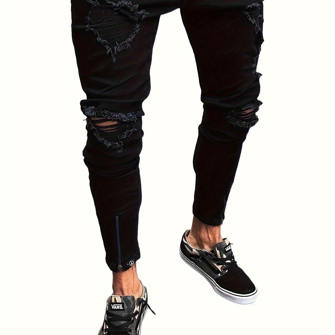 TEMU Men' Ripped Stretch Jeans - Slim Fit Denim Pants With Zipper Detail, Distressed Design, Comfortable & Stylish For Casual Attire