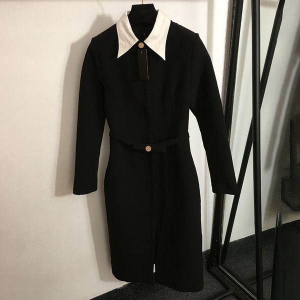 Patchwork Lapel Dress Women Casual Black Skirts with Belt Long Sleeve Split Hip Dress Single Breasted Dresses