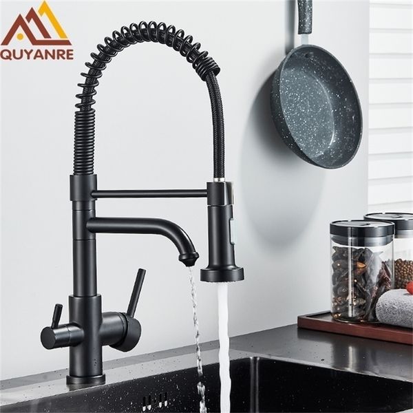 Kitchen Faucets Matte Black Filtered Water Tap Purifier Dual Sprayer Drinking 360 Rotation Purification Mixer 221109