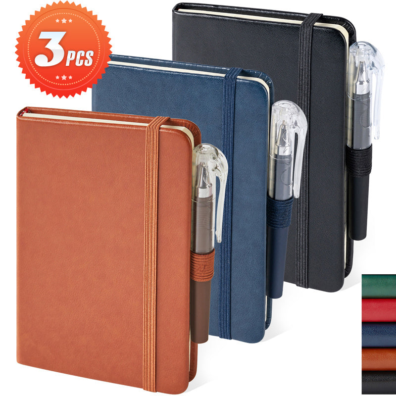 TEMU 3pcs Focus Day Pocket Notebooks With Pens, A6 Leather Mini Notebooks 100gsm Grid Paper, Leather Cover, 408 Pages, 3.7" X 5.7" School Supplies