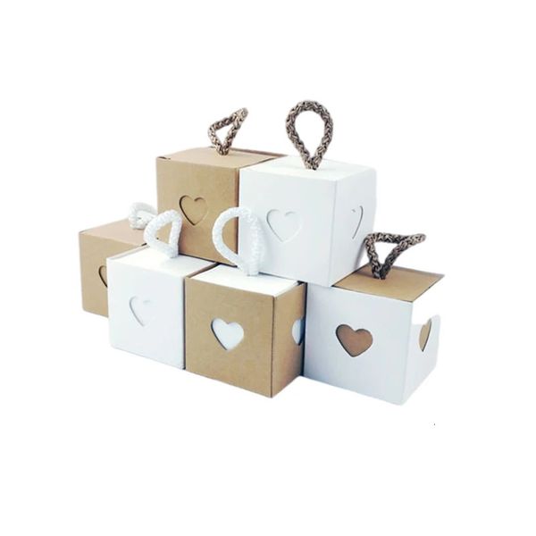Gift Wrap 25-50Pcs Kraft Paper Gift Box Square Heart Wedding Favor Candy Box With Rope Hand Packaging Bags Wedding Birthday Party Supplies 2