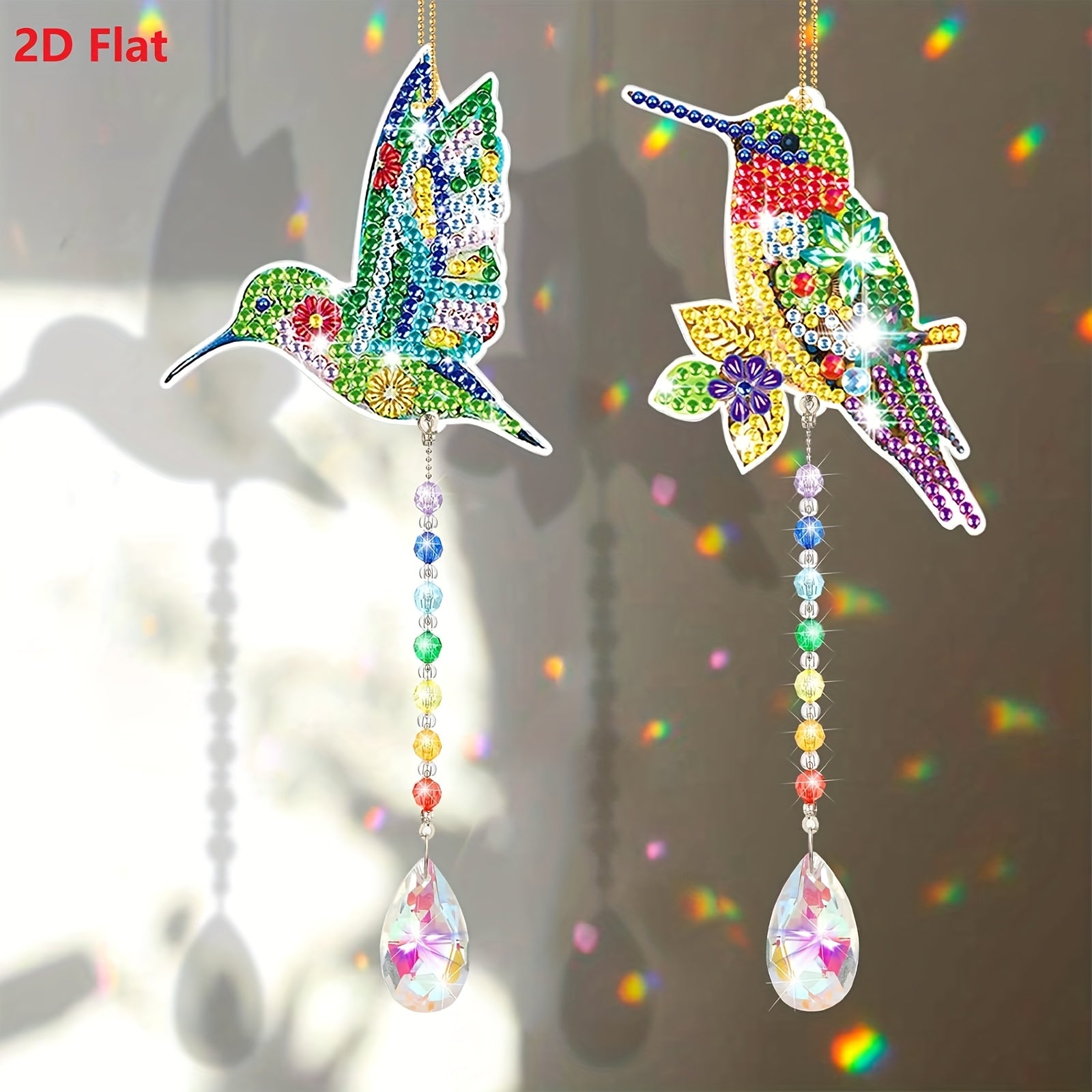 TEMU 2d Flat, 2pcs Diamond Painting Wind Chimes, Hummingbird Crystal Pendant, Diy Suncatcher, For Indoor Outdoor Window & Home Decor, 2d Flat