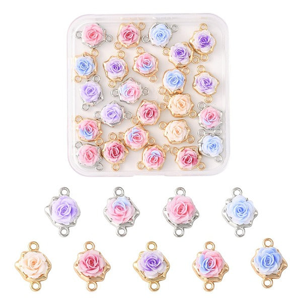 24 Stück 9 Farben Legierung & Harz Rose Blume Verbinder Charms