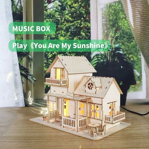 3D Wooden Puzzle Sweet He Music Box Hands Craft Miniature Dollhouse Kits 3D Model Diy House Building with LED Night Lights GifT250118