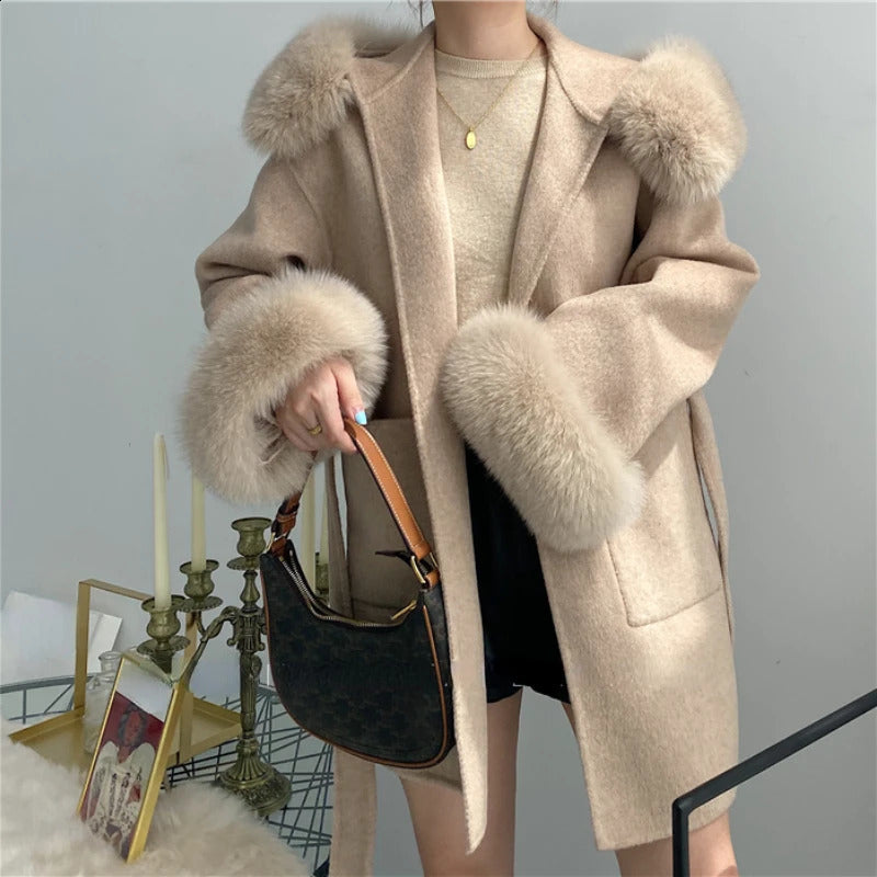 size womens coat genuine leather coat winter jacket womens natural fox fur collar cuffs hood cashmere wool 241015