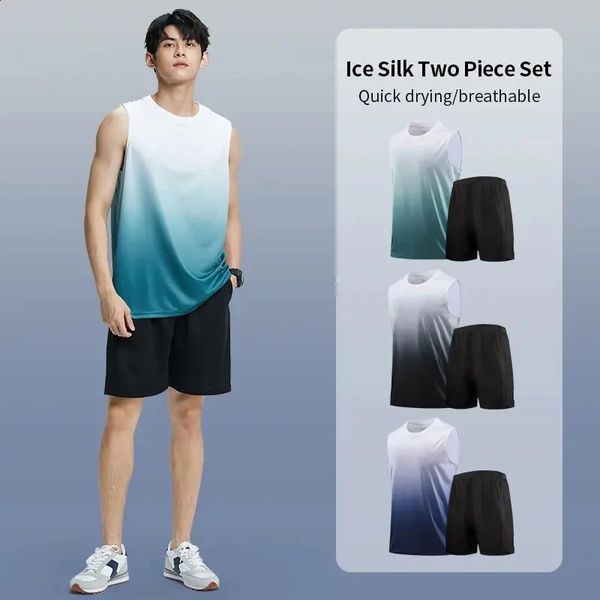 Roupas de fitness Mens gelo seda de seda rápida Sportswear Conjunto de verão Treinamento de equipamentos de basquete de camiseta com mangas