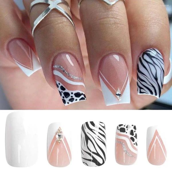 False Nails 24pcs Sier Glitter White French Long Square Fake Full Cover Nail Tips Press On DIY Detachable