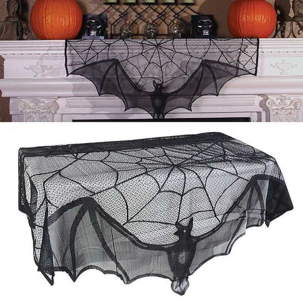 Halloween Bat Table Runner Black Spider Web Lace Tablecloth Fireplace Curtain for Halloween Party Home Decoration Horror Props Y240817