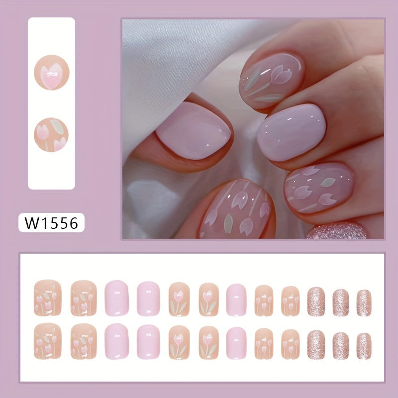 TEMU Pink Nail Tips Daisy Glitter Removable Short Style 24pcs Set