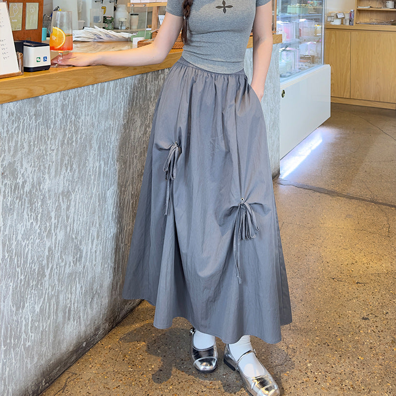 025 workwear skirt for women in summer high waist casual loose bow tie versatile design a-line large swing umbrella skirt
