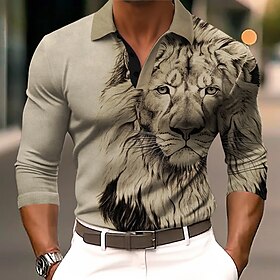 Animal Leão Homens Roupa de Esporte Imprimir Camiseta Polo Ao ar livre Rua Casual Poliéster Manga Longa Aberto para a Lateral Camisas polo Azul cáqui Outono  i