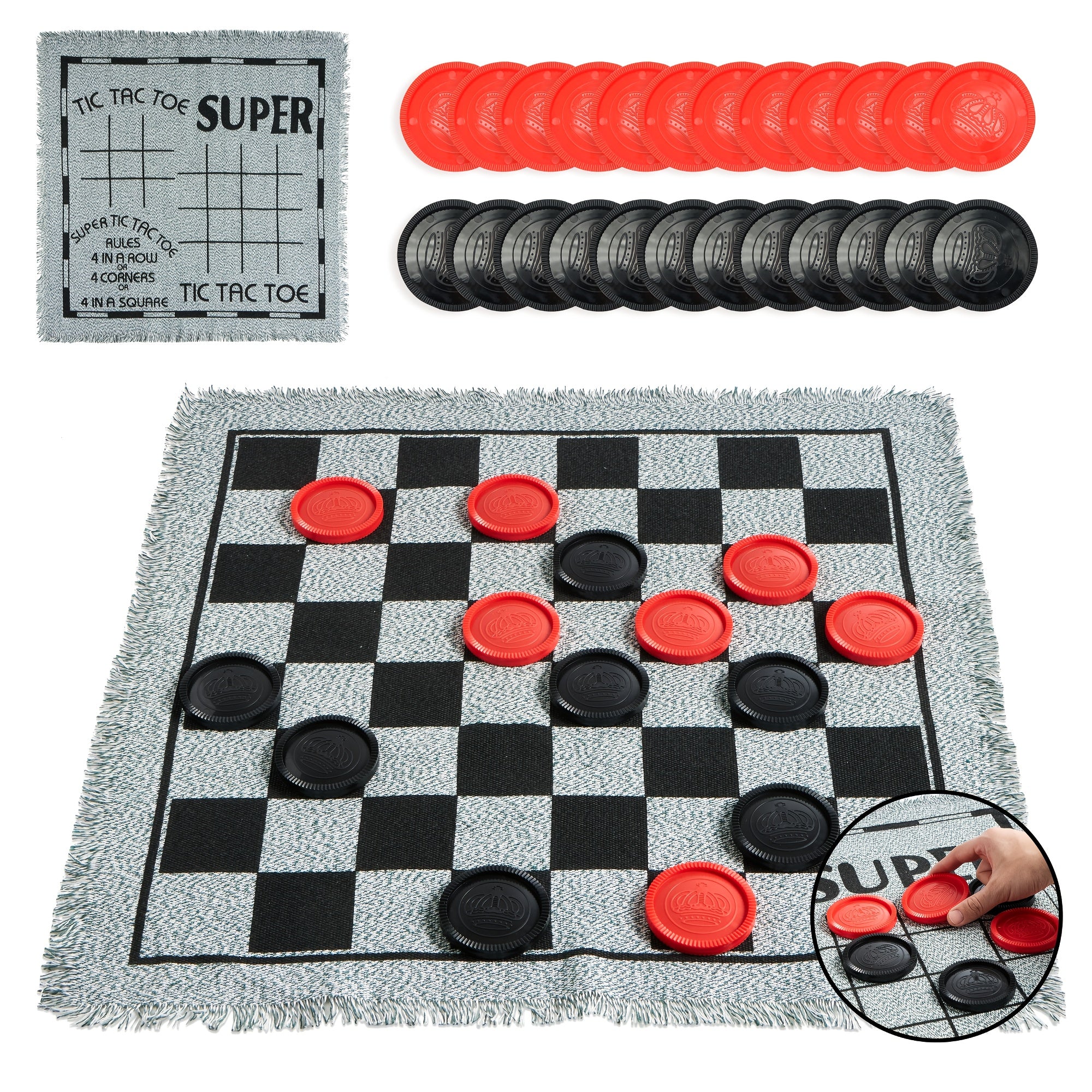 TEMU 3-in-1 Vintage Giant Checkers Toy For Kids, Tic, Tac, Toe, Game With Reversible Mat, 24 Chips, Family Board Games, Lawn Game, Favor, Indoor And