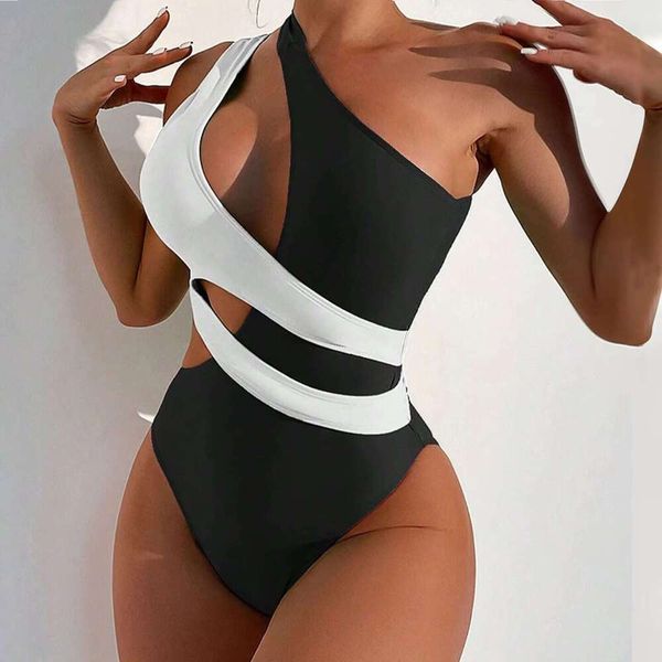 Women&#039;s Contrast Color Beautiful Back One Beach Resort Hot Spring Swimsuit Turquoise Blue Bikini R250205