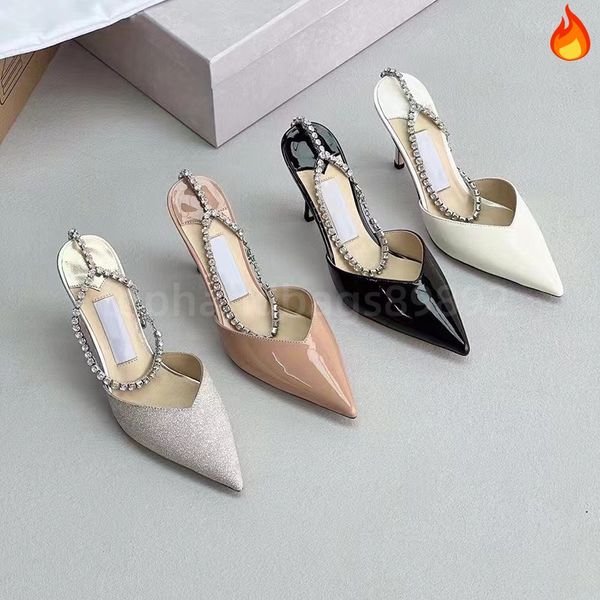 Dress High Heels Evening Shoes Sandals Refined Pointed Toe Pearl Ankle Strap Black White Patent Leather Designer Wedding Party Sandal