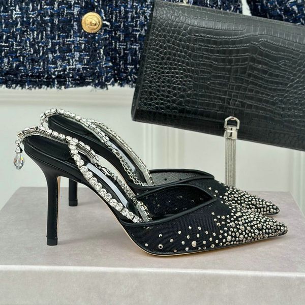 2024 New Mesh Crystal Diamond Pumps Chain Pointed Fine Heel High Heel Sandals Women Fashionable Baotou Women&#039;S Shoes