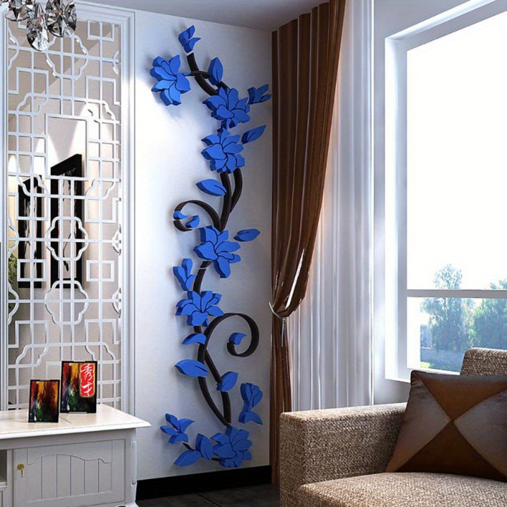 TEMU Elegant " Blue Floral 3d Wall Decal - Acrylic Art, Modern For Living Room, Bedroom, Wedding Decor, 24cm X 80cm, Room Decor