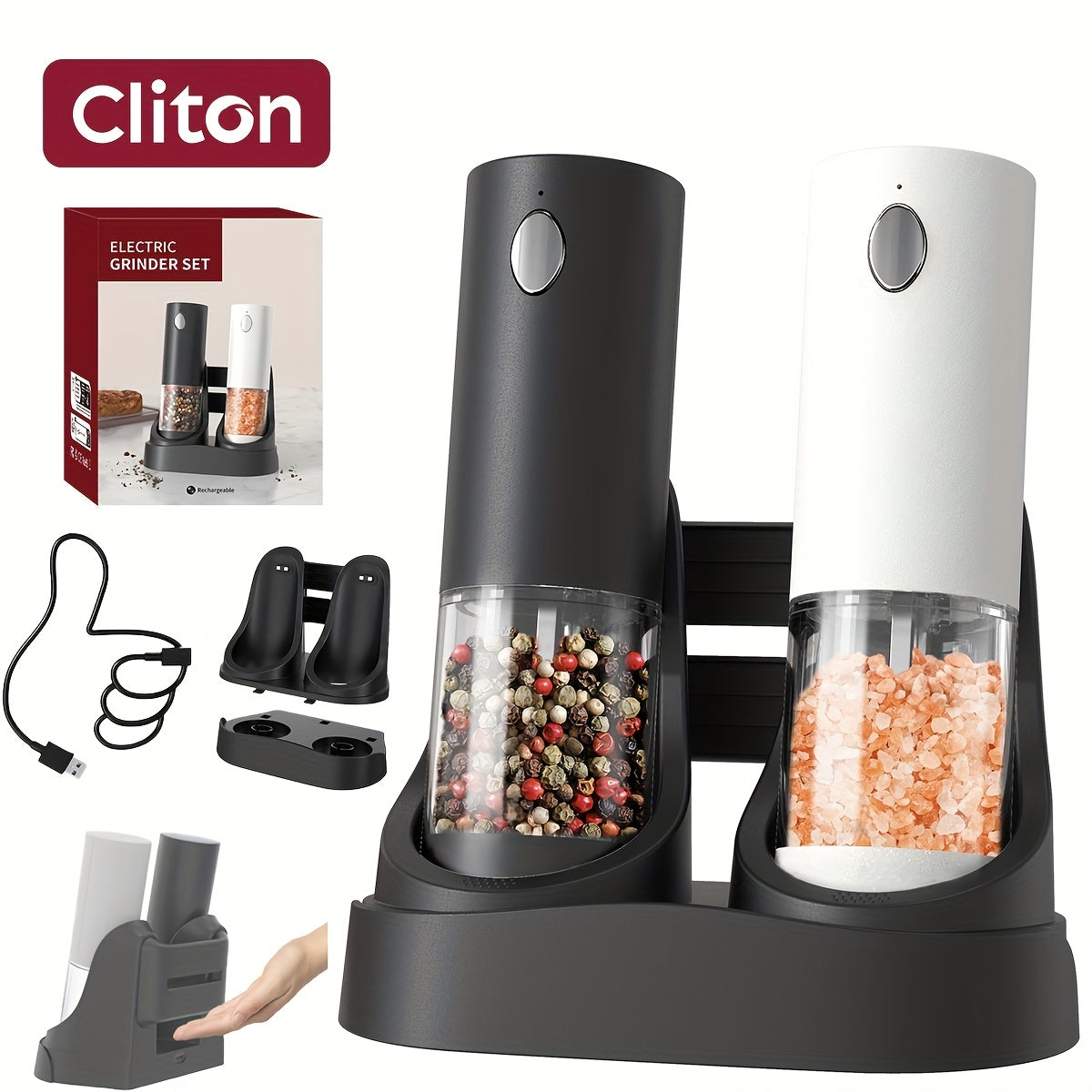 TEMU 1pc-2pcs Rechargeable Electric Salt & Pepper Grinder Set, Sea Salt & Rose Salt Grinder Set With Charging Base, 2pcs Set With Storage Base, Led