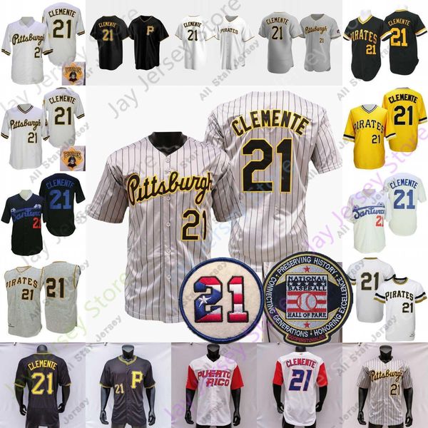CUSTOM Baseball Jerseys 21 Roberto Clemente Retro Jersey Grey Pinstripe Puerto Rico Yellow Retro Hemp-grey 21 Flag Hall Of Fame Patch Black