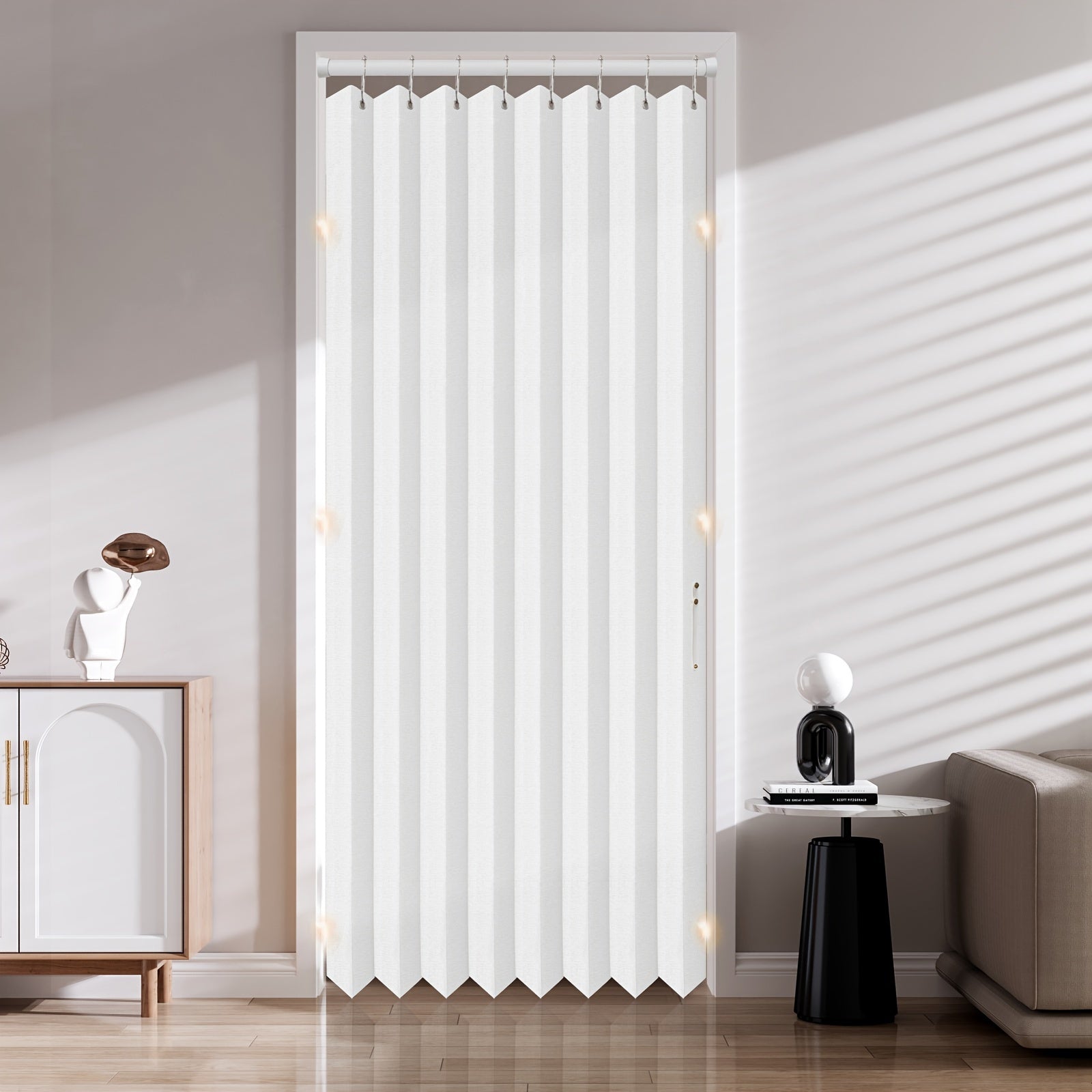 TEMU 1pc Modern Magnetic Pleated Door Curtain - Accordion Style, , Temperature-balancing, Machine Washable, White & Golden, For Bedroom, Living Room,