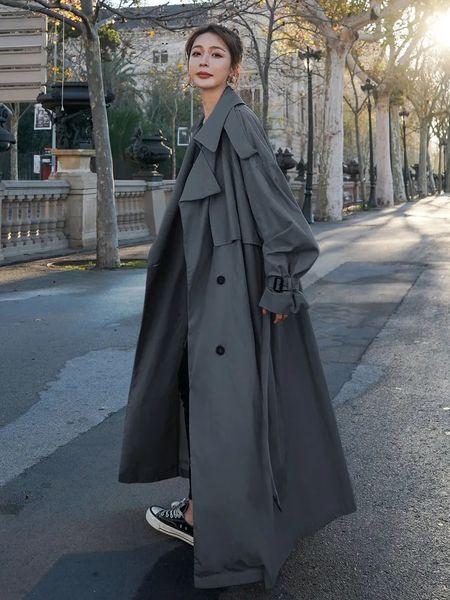 Womens Trench Coats Korean Style Loose Oversized XLong Coat DoubleBreasted Belted Lady Cloak Windbreaker Spring Fall Outerwear Grey 230927