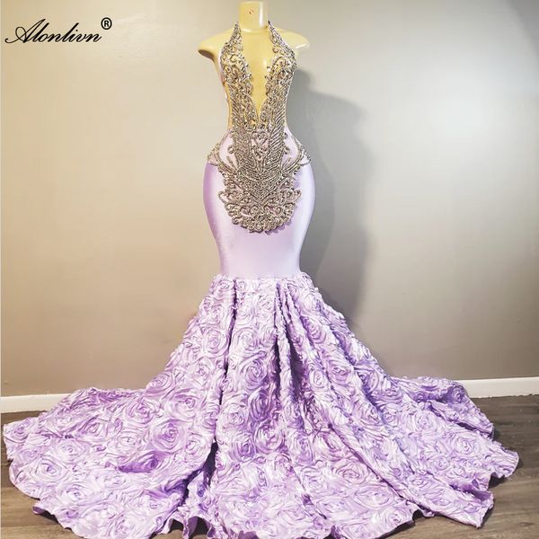 Uniquisite Flower Lace Halter Collar Deep V-Neck Trumpet Prom Dresses Luxury Beading RhineCrystals Ruffled Gowns Mermaid Ladies Prom Party G