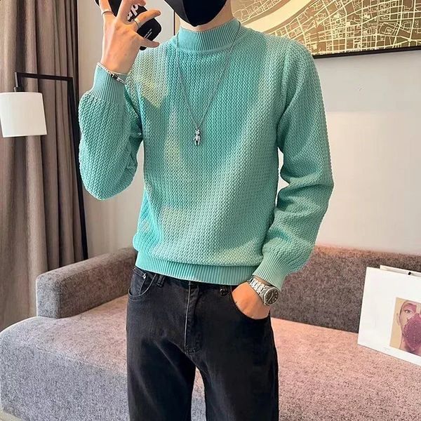 Knitted Sweaters for Men Half Collar Plain Man Clothes Solid Color Green Turtleneck Pullovers Jumpers Winter 2024 Trend Baggy X 240905