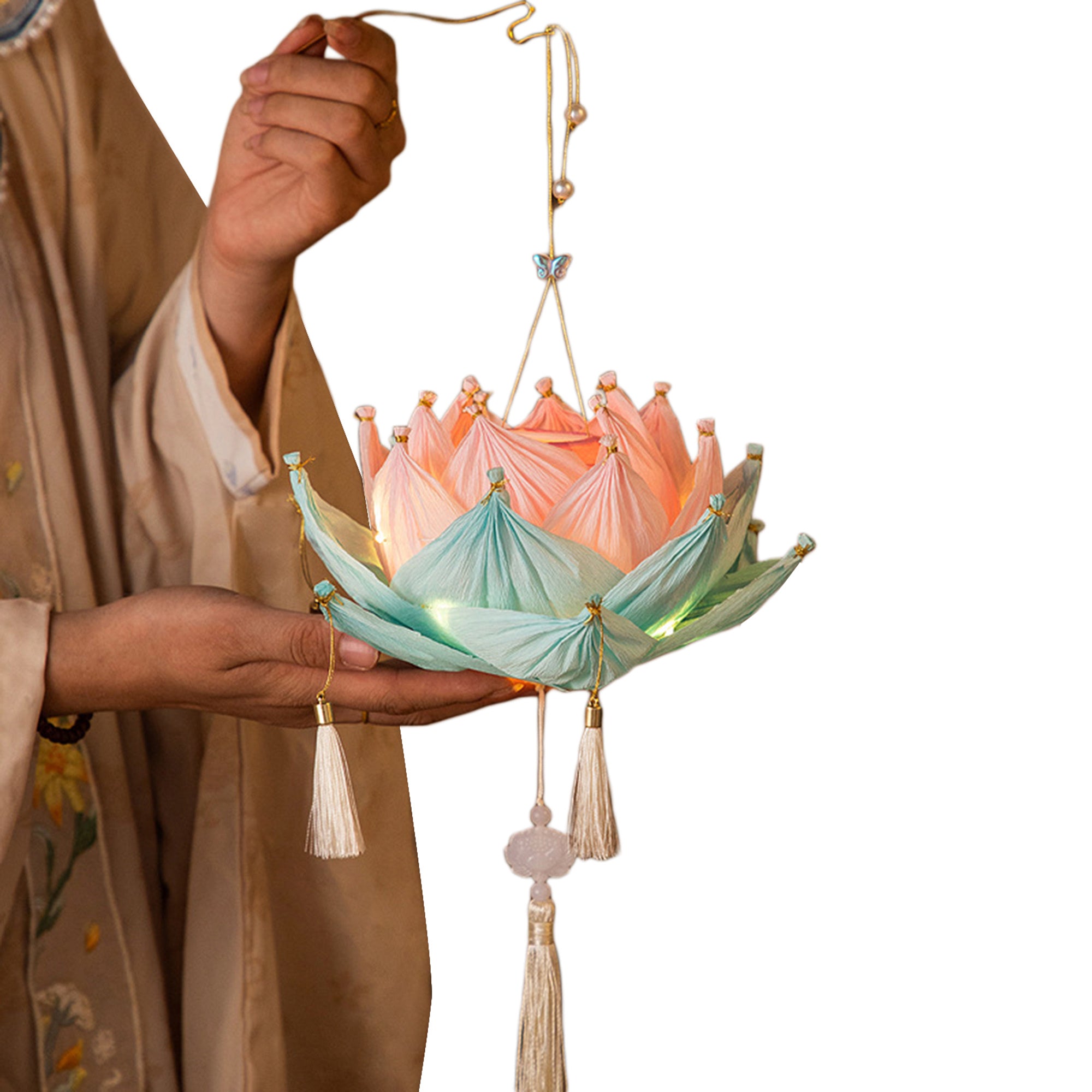 TEMU Diy Handheld Lotus Lantern Craft Kit - Chinese Style With Colorful Tassel, Battery Operated, Ideal For Crafting, Home Decor, Gift