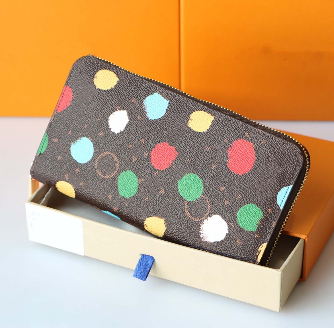 L 23SS X Yayoi Kusama Multicolor Dot Wallet Designer Card Holders Purse Long zip wallet SARAH KEY POUCH Leather Envelope Wallets Credit Card Holder