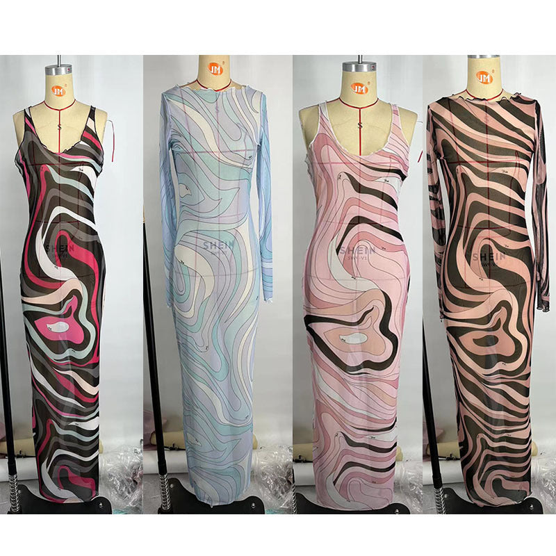 Mesh Beach Dresses 2025 Summer Womens Striped Print Long Sleeve Mid Dress Skirts
