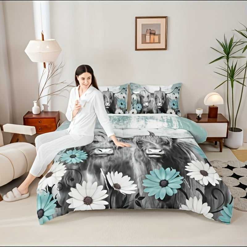 TEMU Highland Cow Bedding Comforter Sets Gift For Men Women, Bull Cattle Wildlife Bedding Set Western Farmhouse Comforter Set, Daisy Rustic Flowers