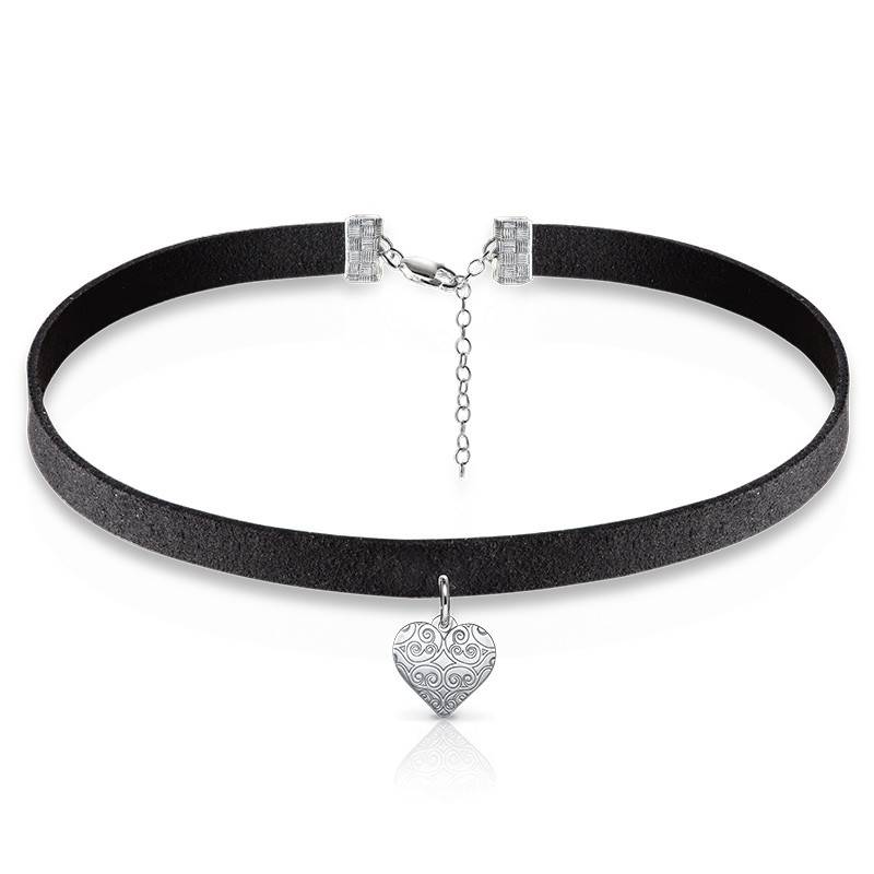 Black Choker Necklace with Heart Charm in Sterling Silver