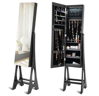 Bevel Edge Mirrored Standing LED Jewelry Cabinet - Black