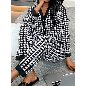 Women's Houndstooth Lounge Sets 2 Pieces Heart Grid - Plaid Fashion Casual Comfort Street Daily Date Polyester Breathable V Wire Long Sleeve Pant Button Pocket