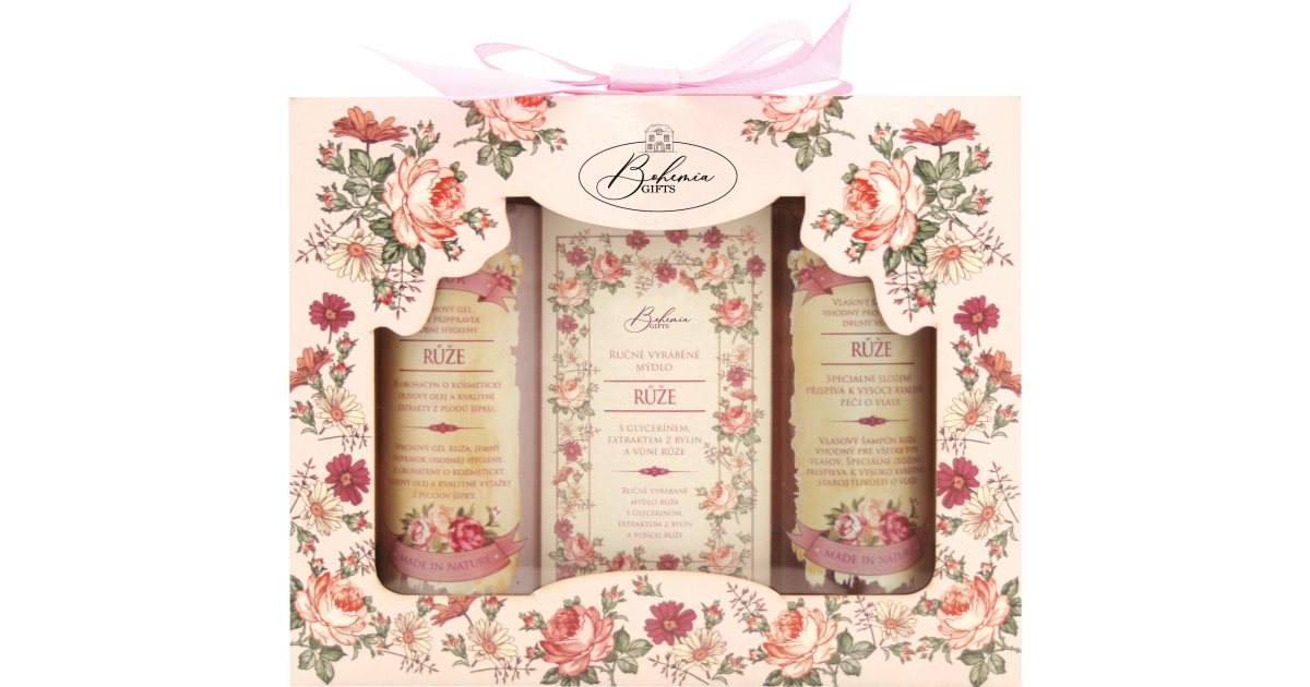 Bohemia Gifts & Kosmetikk Rosarium damesett II. Dusjgel 100 ml + sjampo for alle hårtyper 100 ml + håndlaget såpe med glyserin 100 g