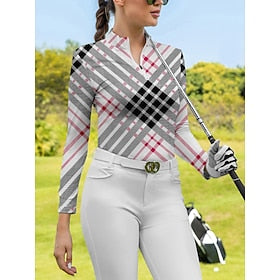 Women's Golf Polo Shirt Red Long Sleeve Sun Protection Top Plaid Fall Winter Ladies Golf Attire Clothes Outfits Wear Apparel