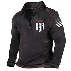 Men's Polo Shirt Golf Shirt Letter National Flag Turndown Wine Light Green Navy Blue Blue Green 3D Print Outdoor Street Long Sleeve Zipper Print Clothing Appar